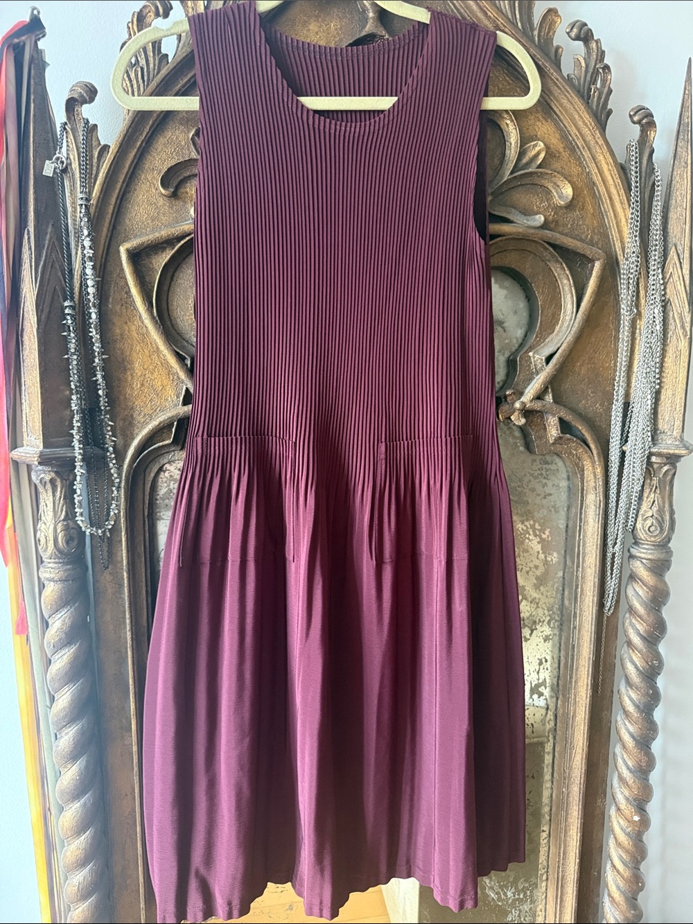 From Tokyo Sleeveless Pleated Bodice Fit-Flare Dress in Chocolate/ Wine color